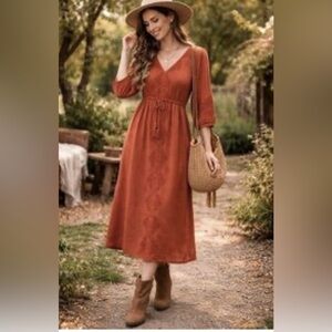 Lucky Brand Bohemian Cotton Embroidered Midi Dress, Terracotta, Women’s Medium